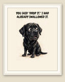 Framed display mockup — frame not included. Horrified Labrador Retriever art print.
