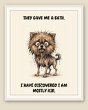 Framed display mockup — frame not included. Horrified Pomeranian art print.