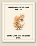 Framed display mockup — frame not included. Smug Pomeranian art print.