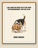 Framed display mockup — frame not included. Unbothered Beagle art print.