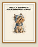 Framed display mockup — frame not included. Smug Yorkshire Terrier art print.