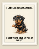 Framed display mockup — frame not included. Horrified Rottweiler art print.