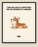 Framed display mockup — frame not included. Smug — Regal Front Pembroke Welsh Corgi art print.