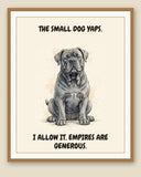 Framed display mockup — frame not included. Smug Cane Corso art print.