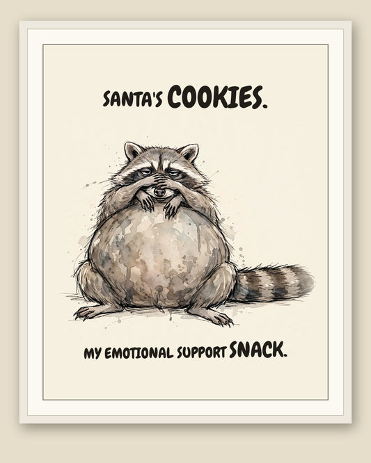 Raccoon watercolor art print with the saying "SANTA'S COOKIES. MY EMOTIONAL SUPPORT SNACK." shown framed with a cream mat — frame for display only, not included
