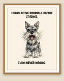 Framed display mockup — frame not included. Furious Miniature Schnauzer art print.
