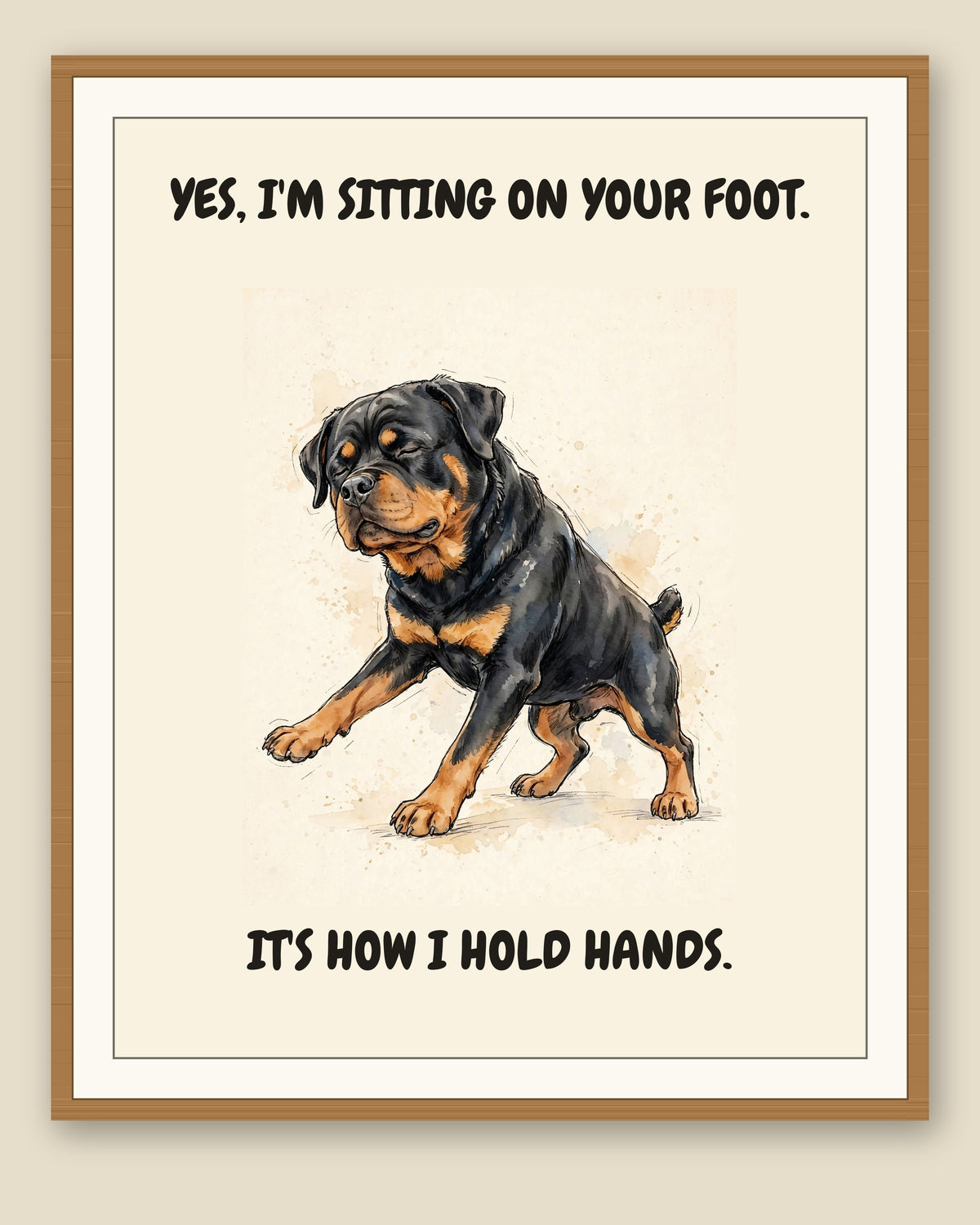 Framed display mockup — frame not included. Unbothered Rottweiler art print.