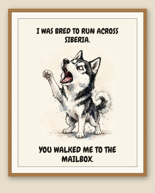 Framed display mockup — frame not included. Furious Siberian Husky art print.