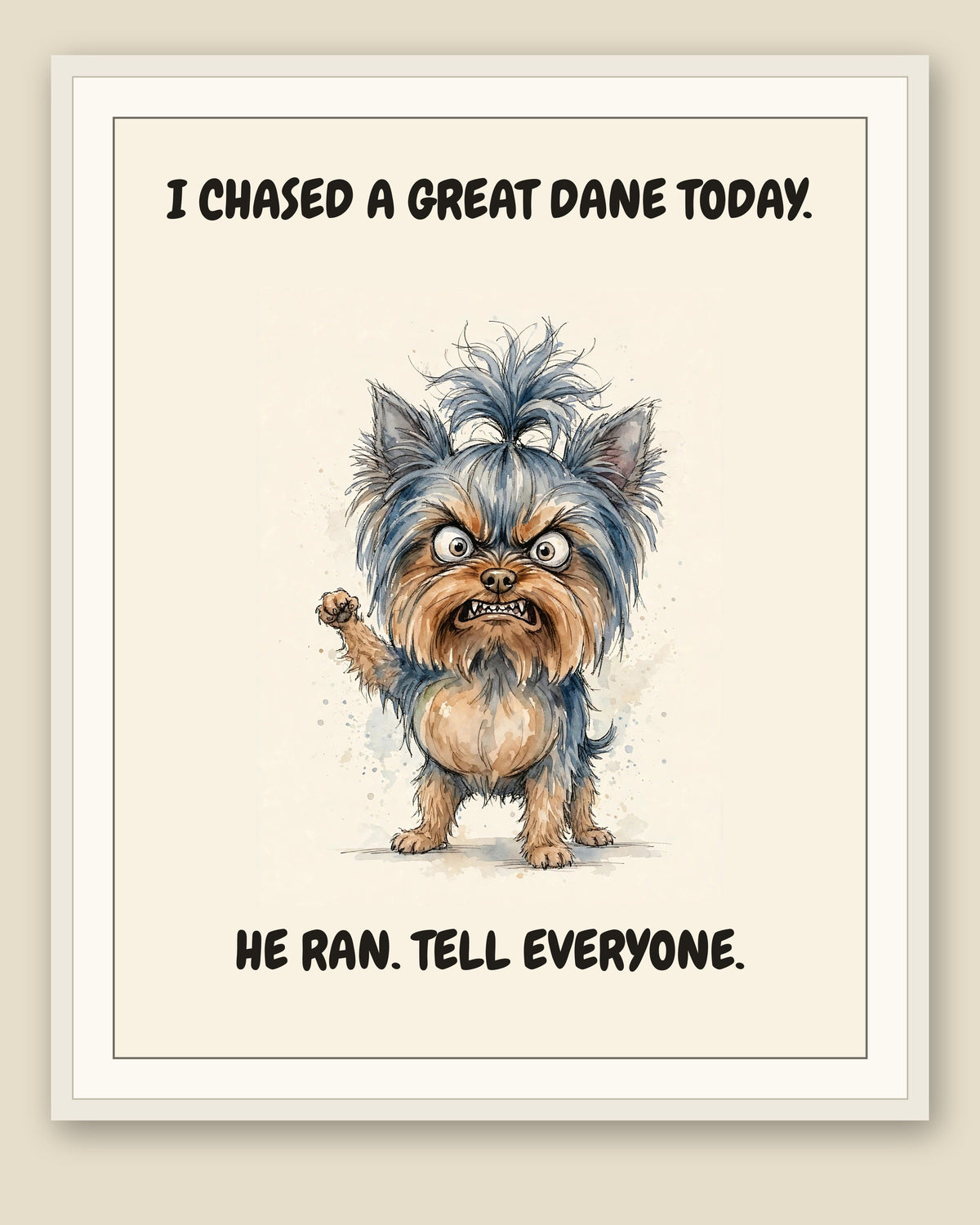 Framed display mockup — frame not included. Furious Yorkshire Terrier art print.