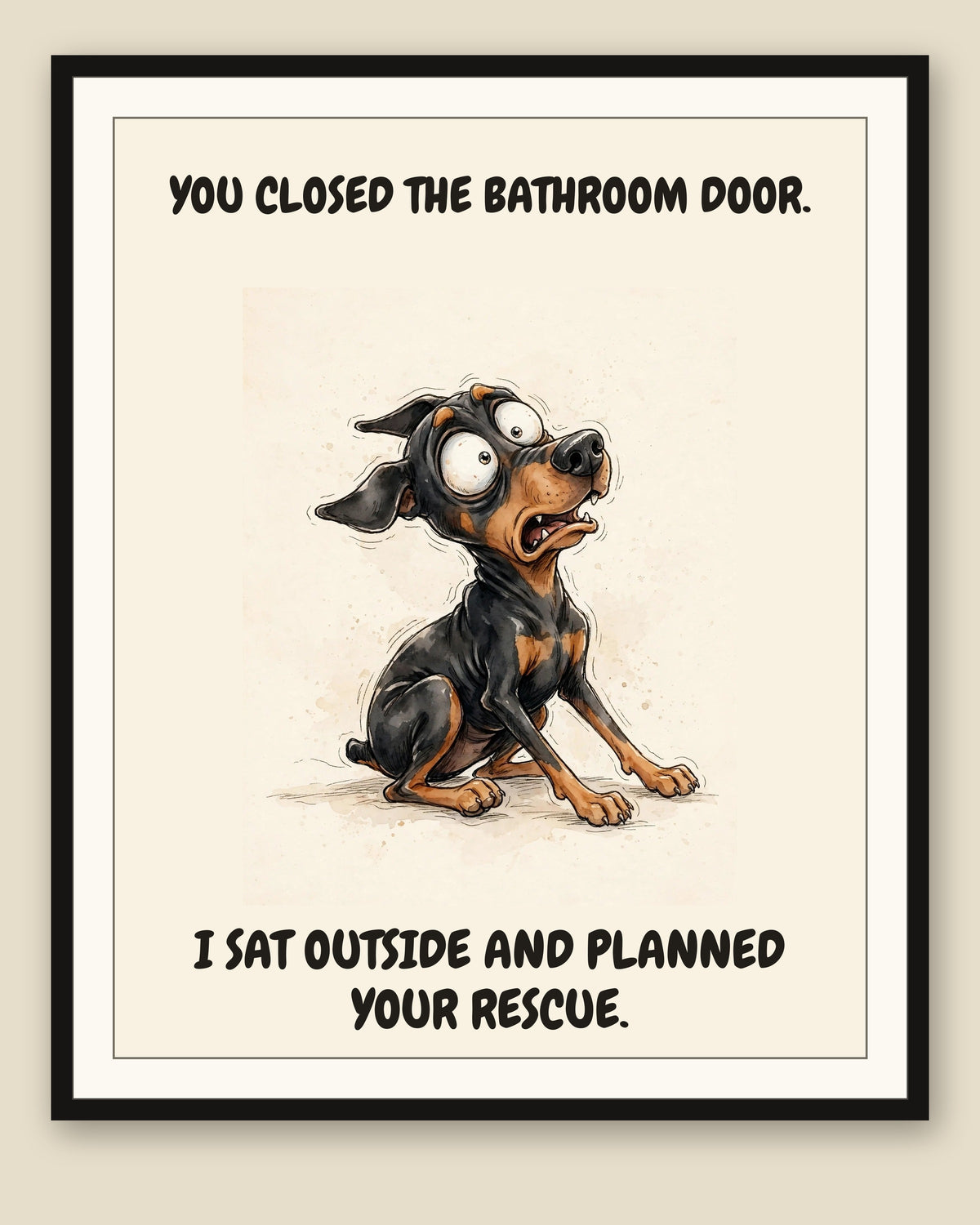 Framed display mockup — frame not included. Horrified Doberman Pinscher art print.