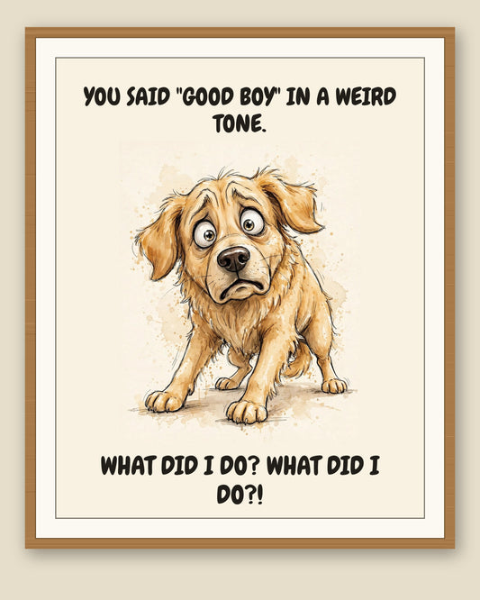 Framed display mockup — frame not included. Horrified Golden Retriever art print.