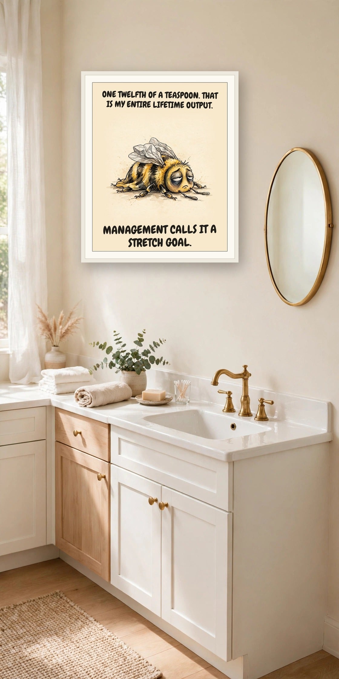 The same print shown hanging in an office — frame for display only, not included