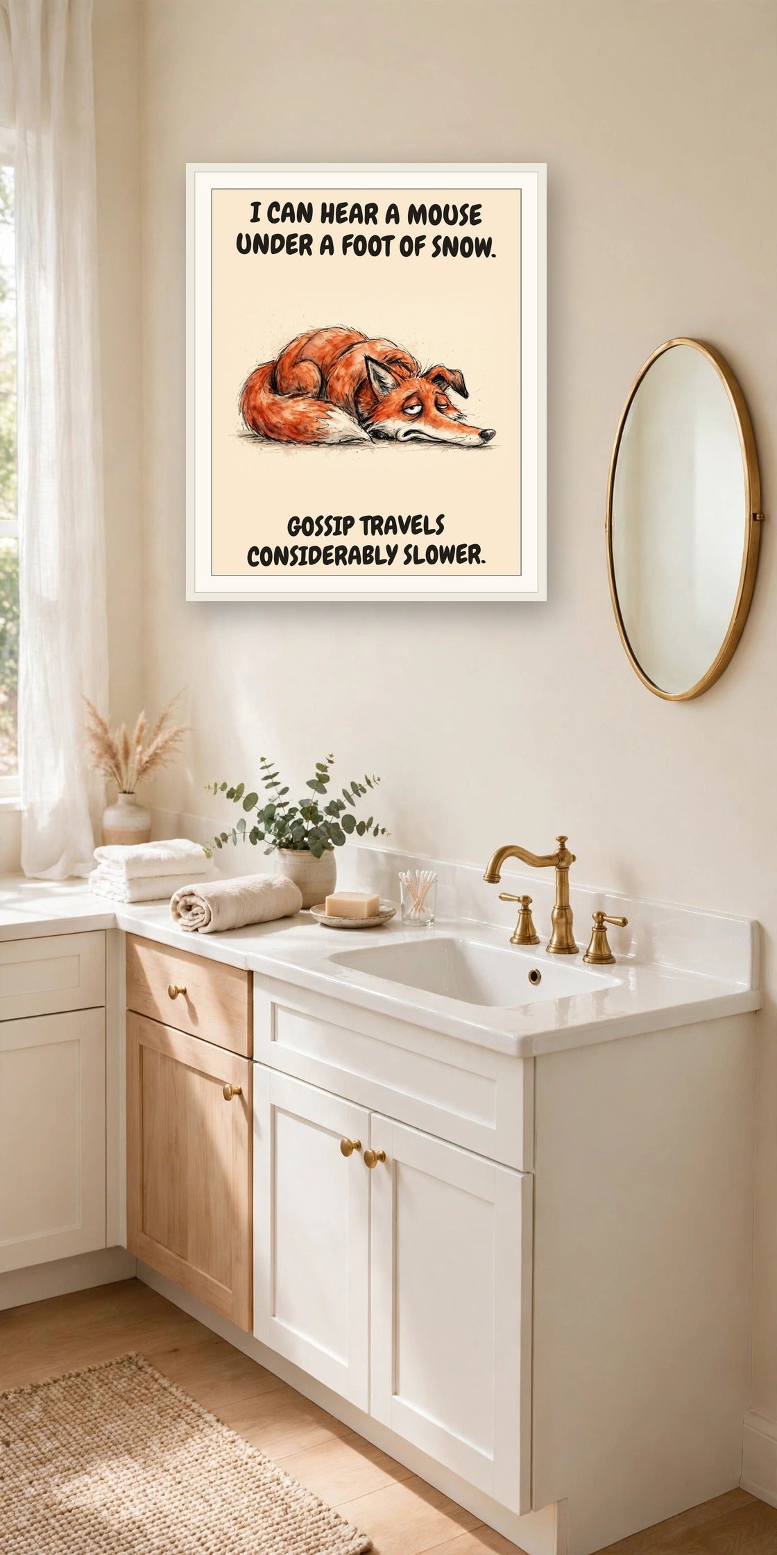 The same print shown hanging in an office — frame for display only, not included