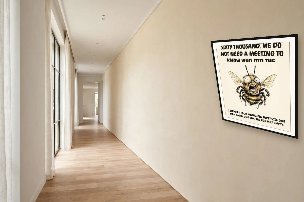 The same print shown hanging in an office — frame for display only, not included