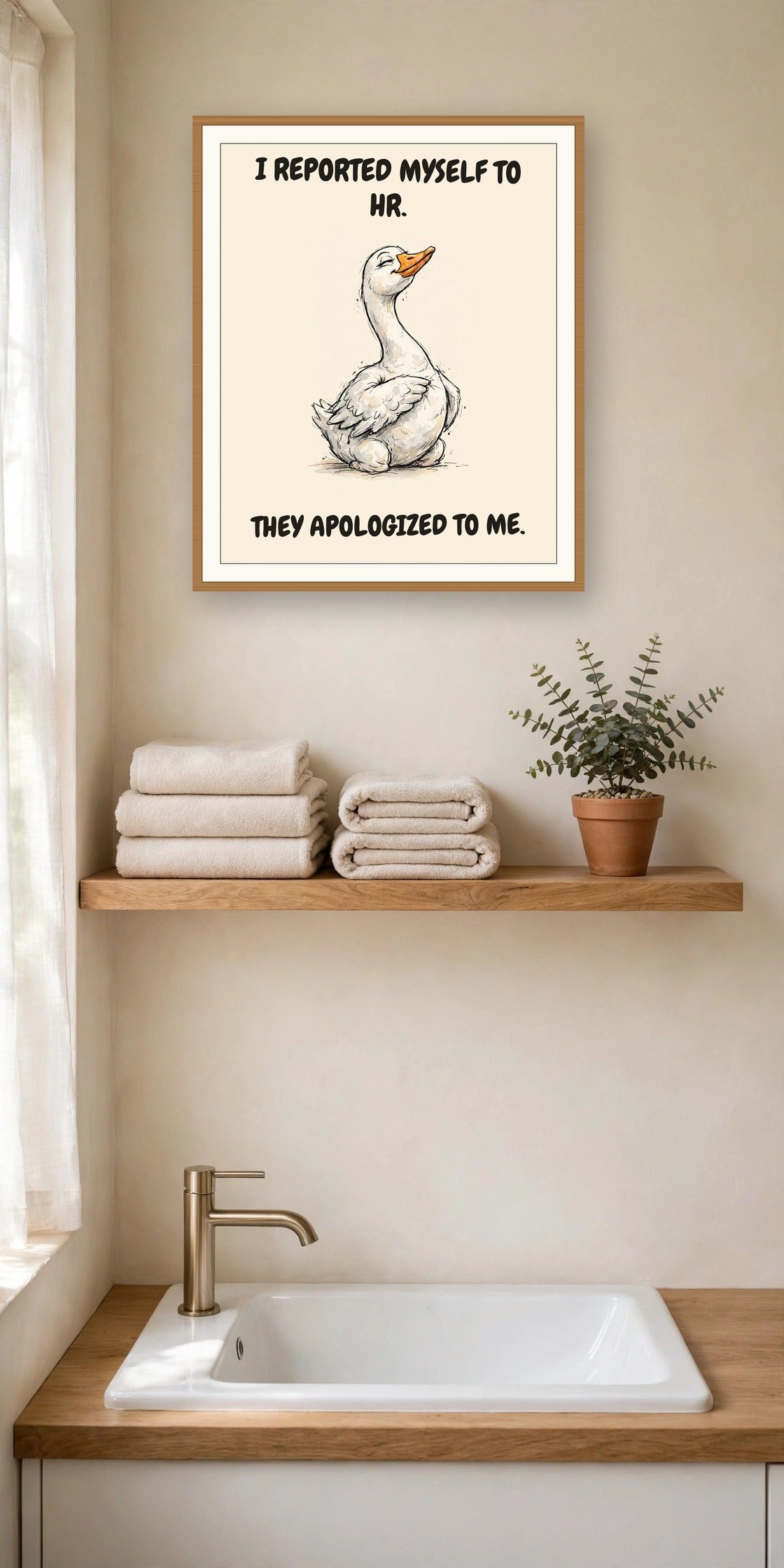 The same print shown hanging in an office — frame for display only, not included
