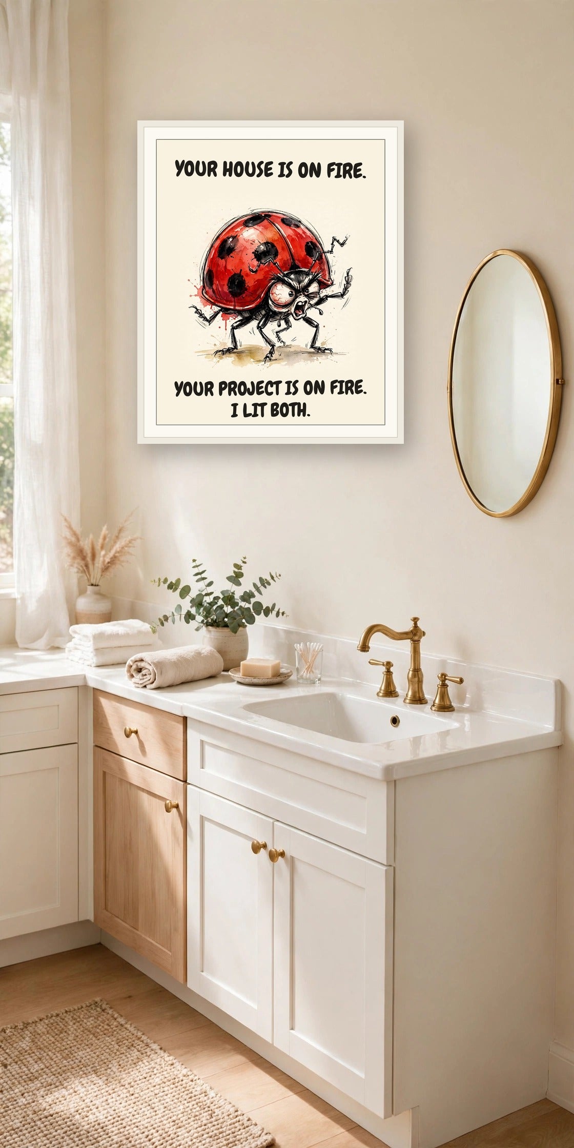 The same print shown hanging in an office — frame for display only, not included