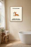 Lifestyle display mockup — frame not included. Smug — Regal Front Pembroke Welsh Corgi art print.