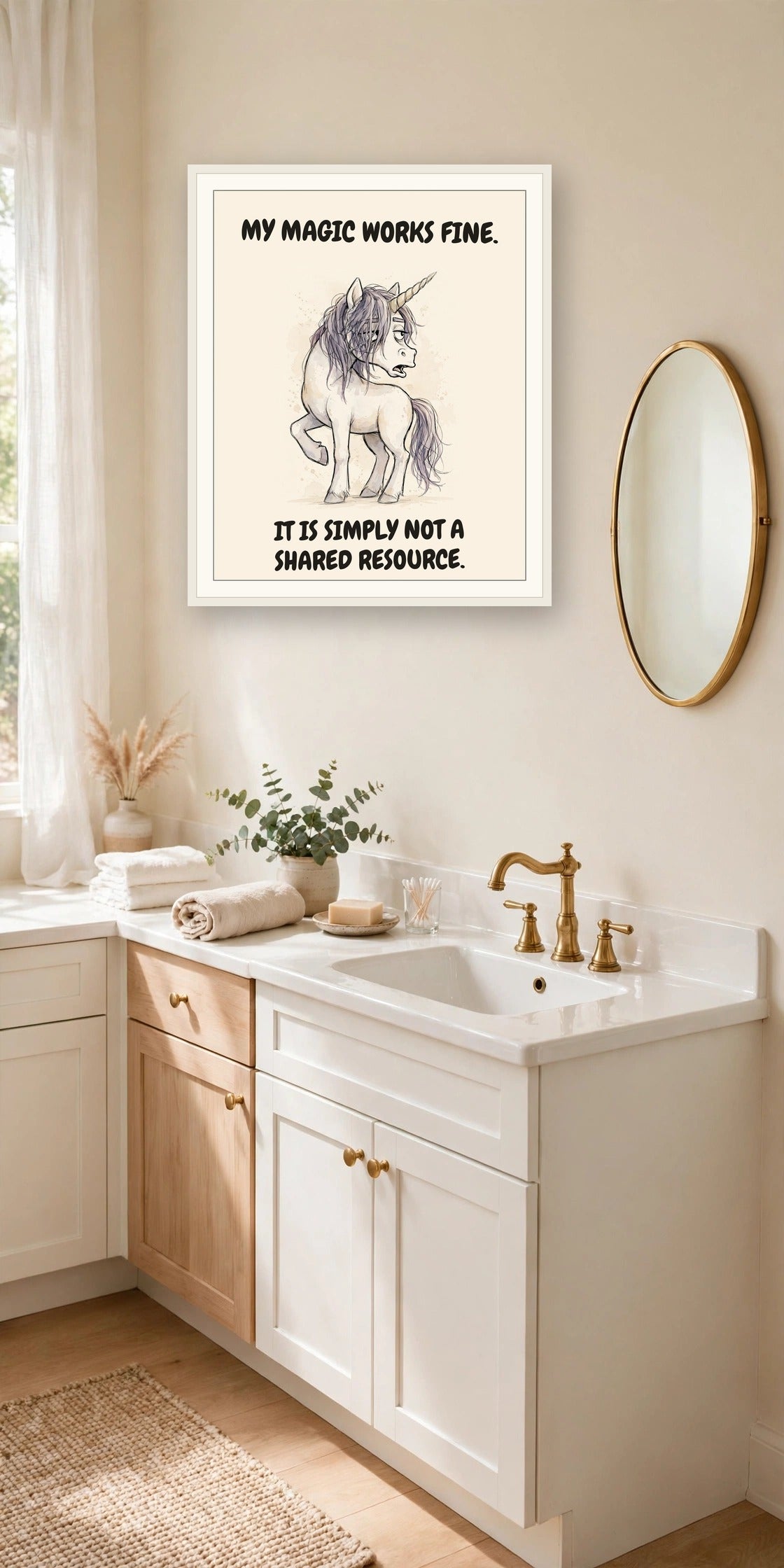 The same print shown hanging in an office — frame for display only, not included