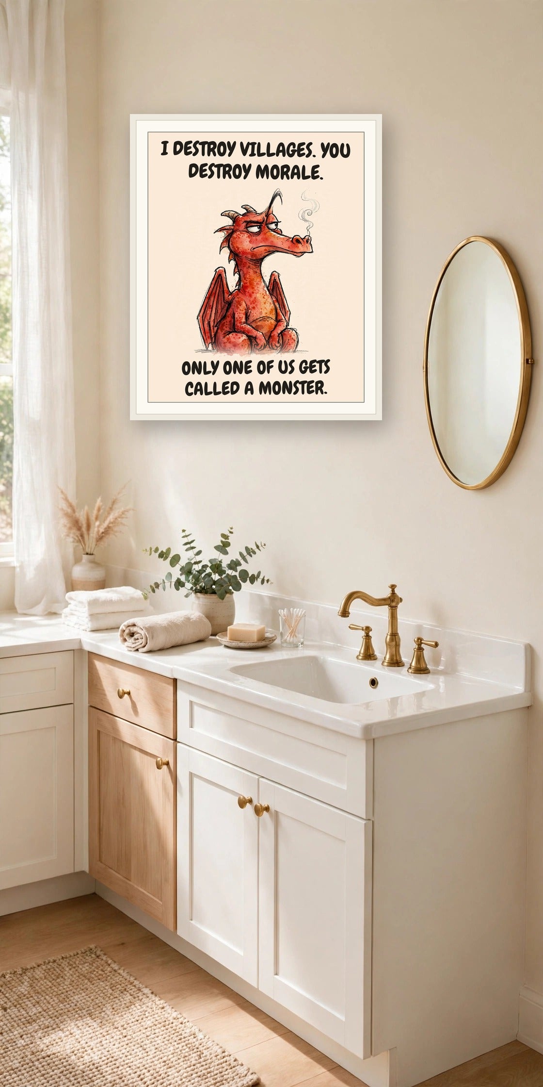 The same print shown hanging in an office — frame for display only, not included