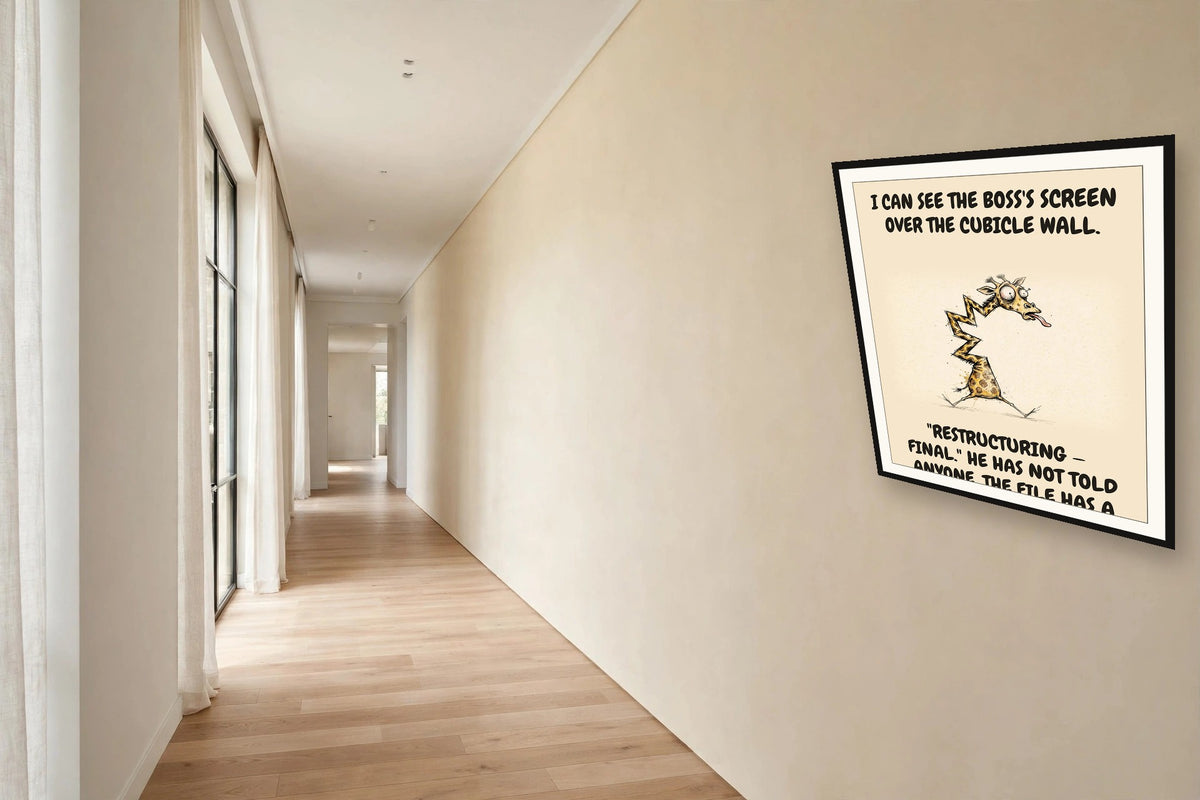 The same print shown hanging in an office — frame for display only, not included