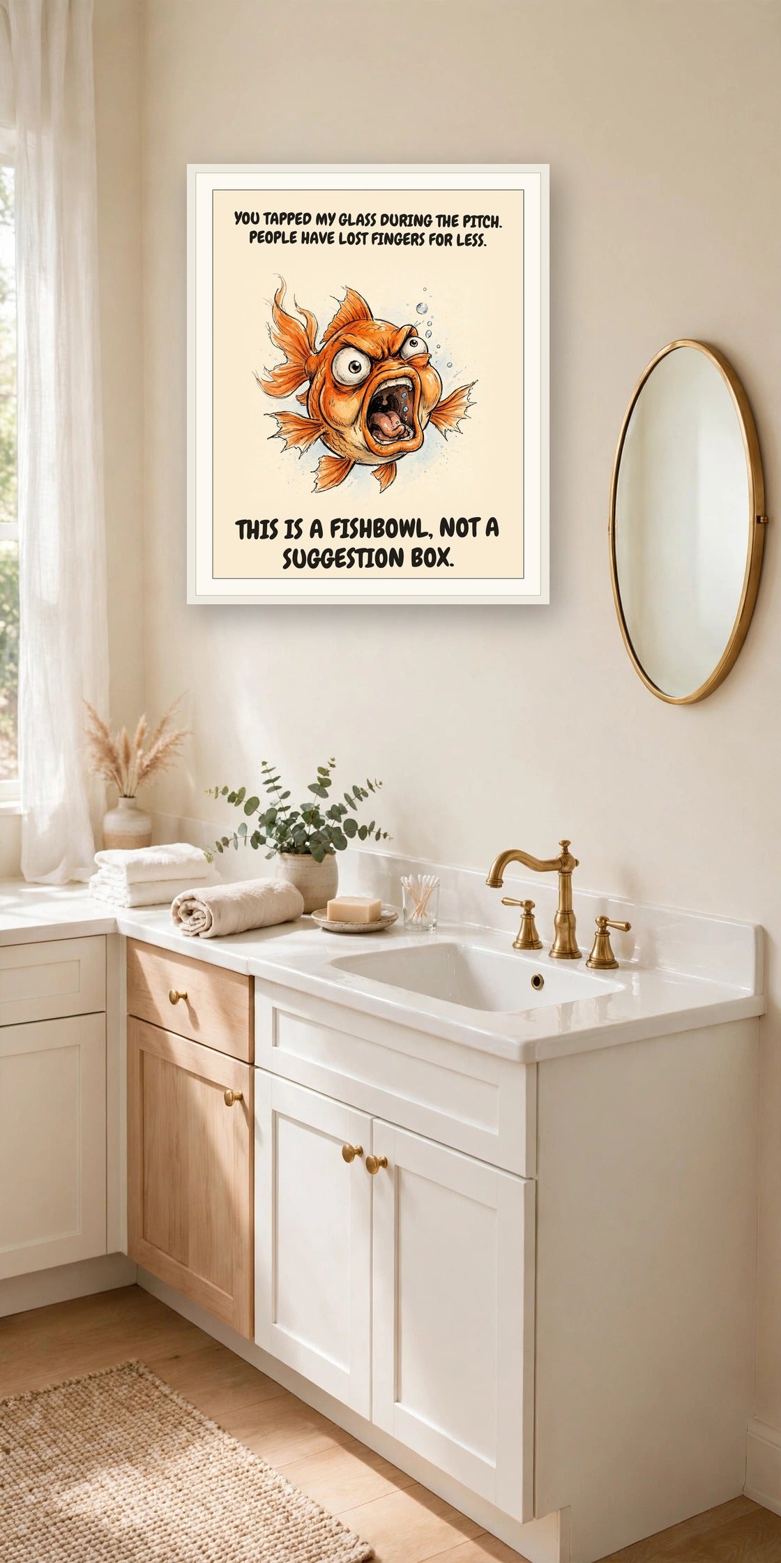 The same print shown hanging in an office — frame for display only, not included