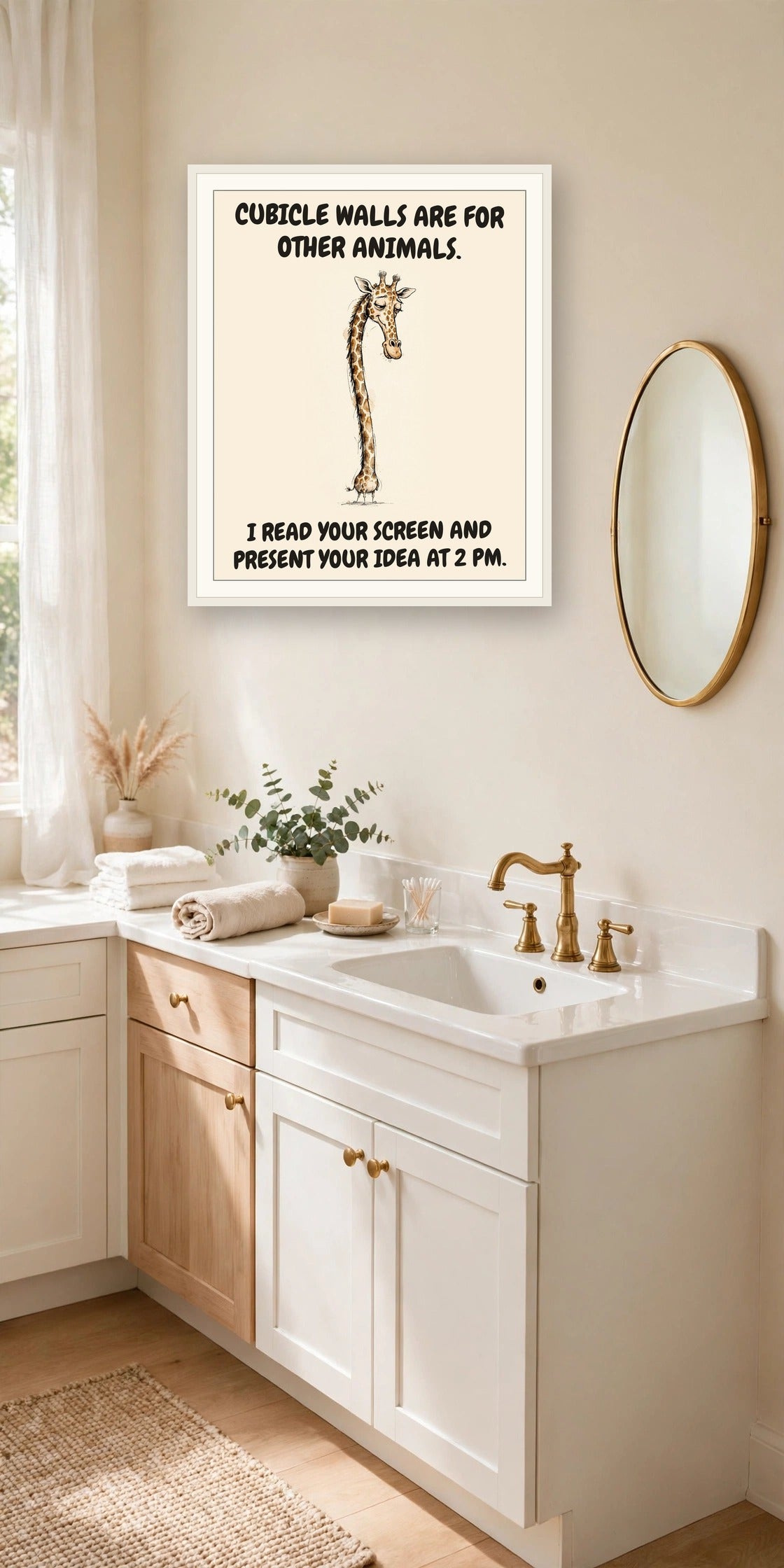 The same print shown hanging in an office — frame for display only, not included