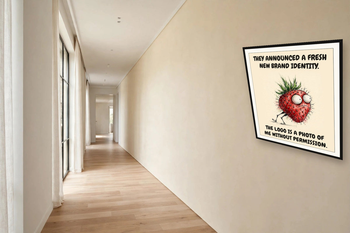 The same print shown hanging in an office — frame for display only, not included