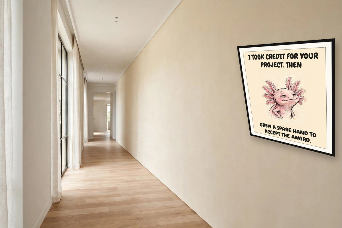 The same print shown hanging in an office — frame for display only, not included