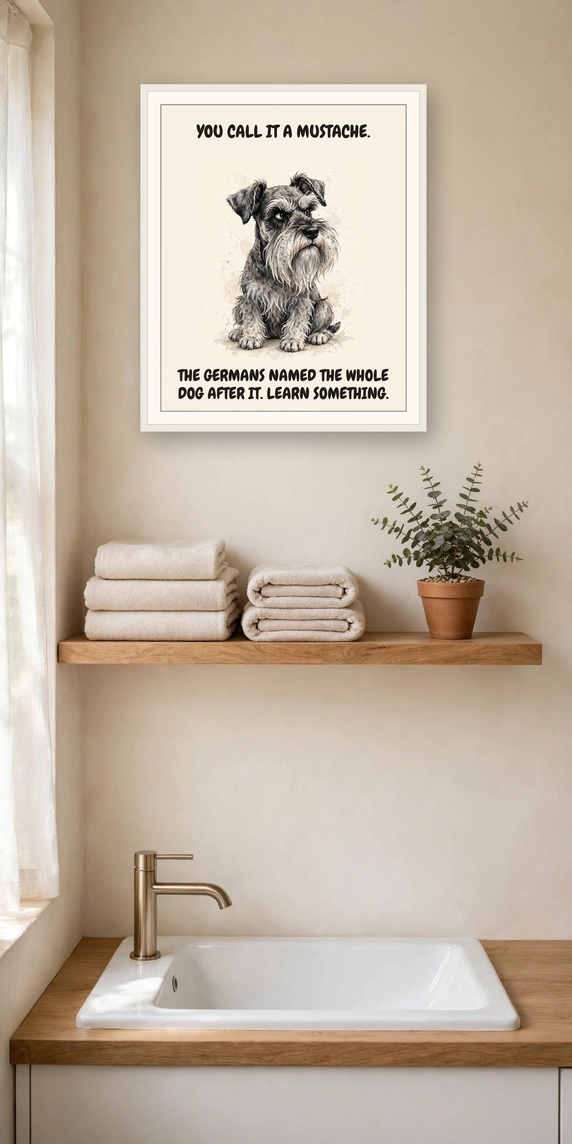 Lifestyle display mockup — frame not included. Judgmental Miniature Schnauzer art print.