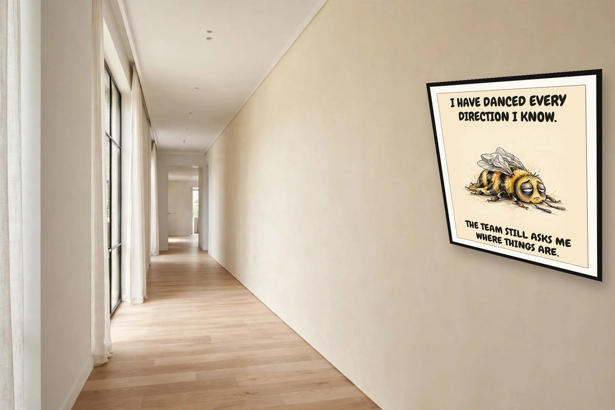 The same print shown hanging in an office — frame for display only, not included
