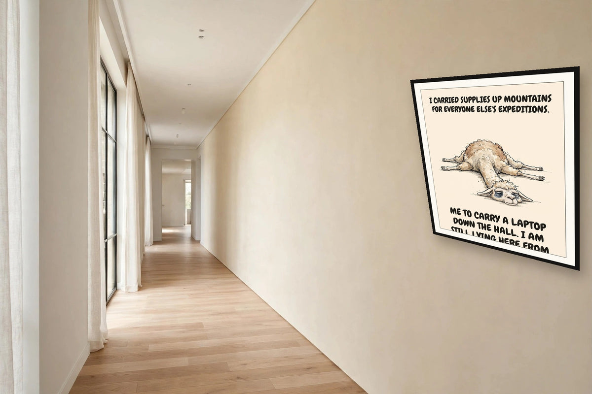 The same print shown hanging in an office — frame for display only, not included