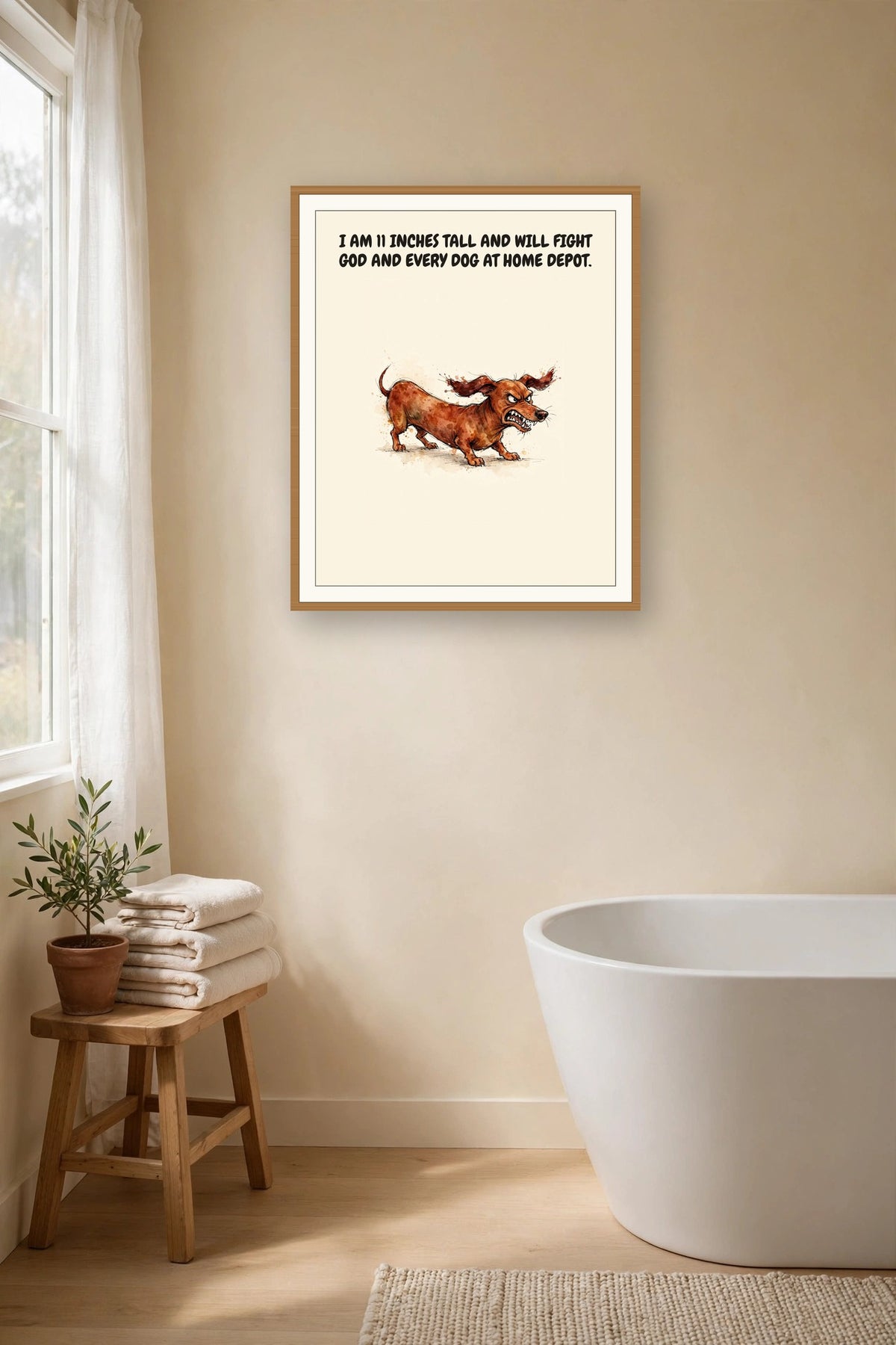 Lifestyle display mockup — frame not included. Furious Dachshund art print.