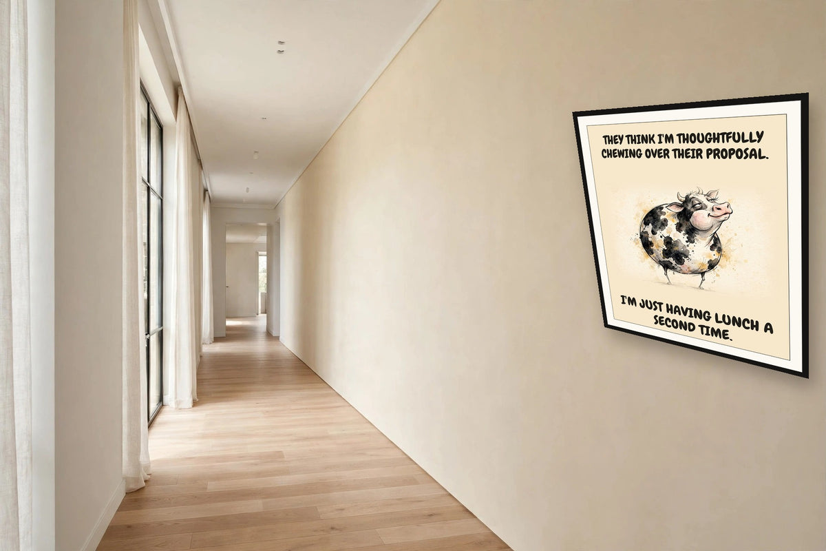 The same print shown hanging in an office — frame for display only, not included
