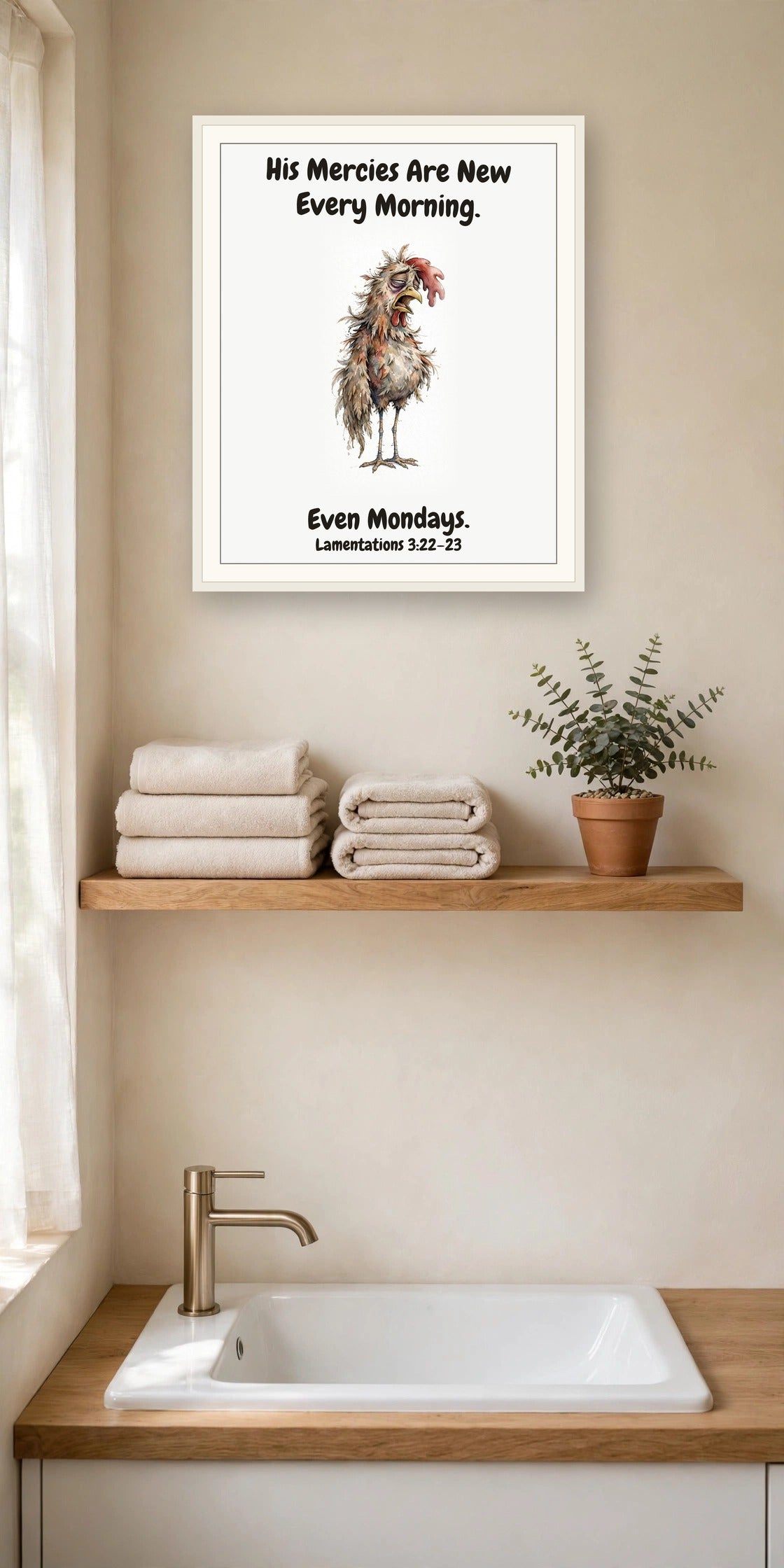 The same print shown hanging on a wall — frame for display only, not included
