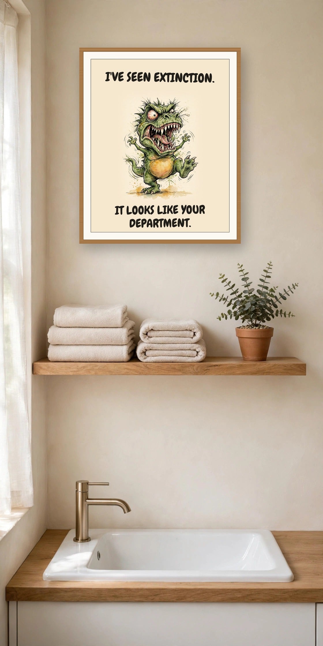 The same print shown hanging in an office — frame for display only, not included
