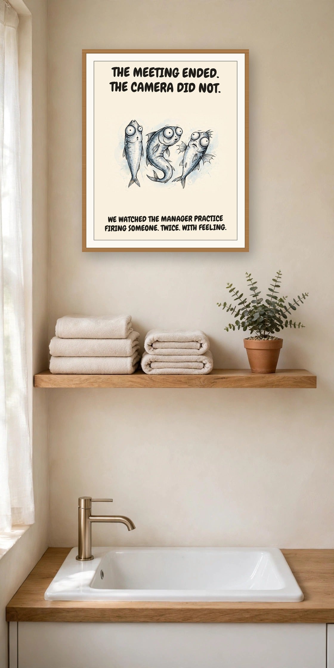 The same print shown hanging in an office — frame for display only, not included