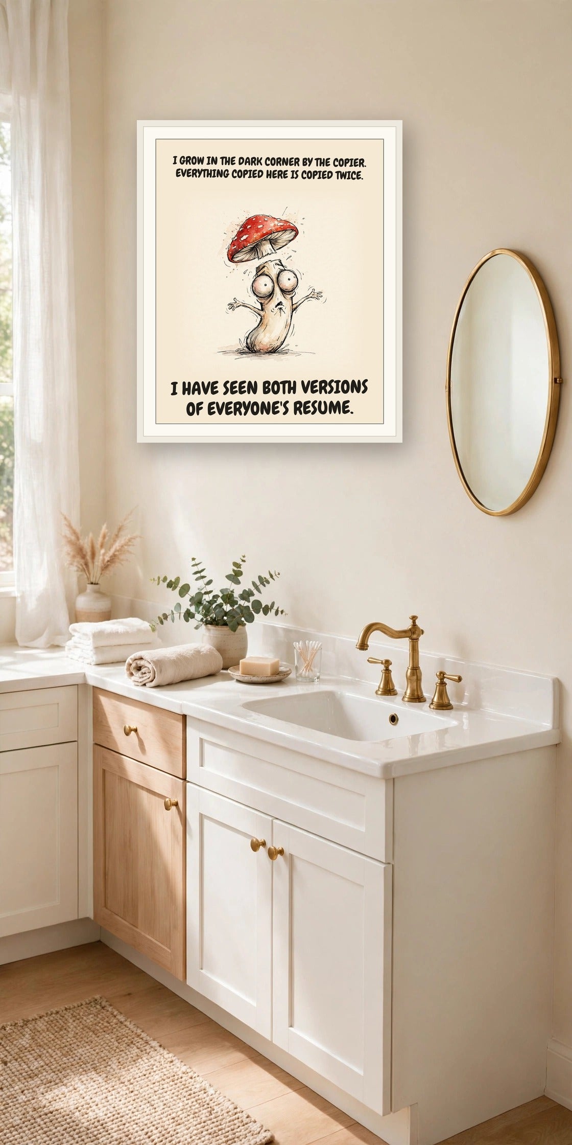 The same print shown hanging in an office — frame for display only, not included