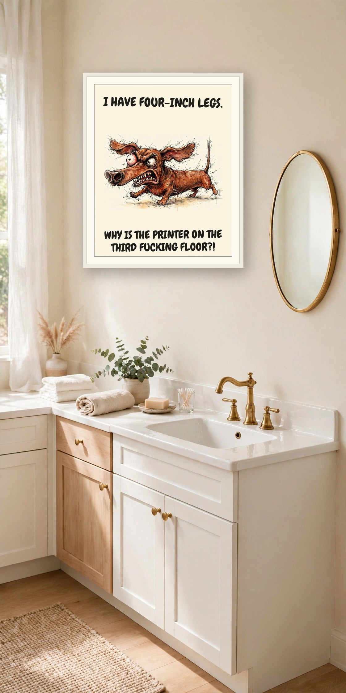 The same print shown hanging in an office — frame for display only, not included