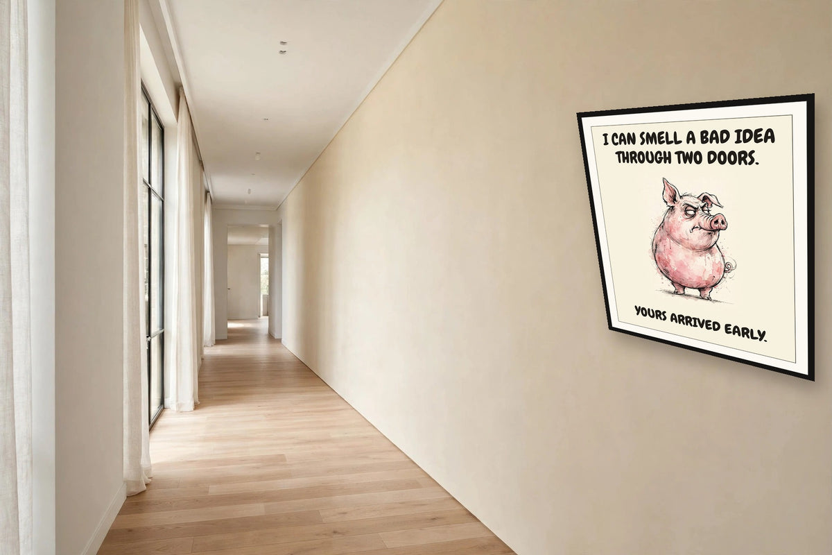 The same print shown hanging in an office — frame for display only, not included