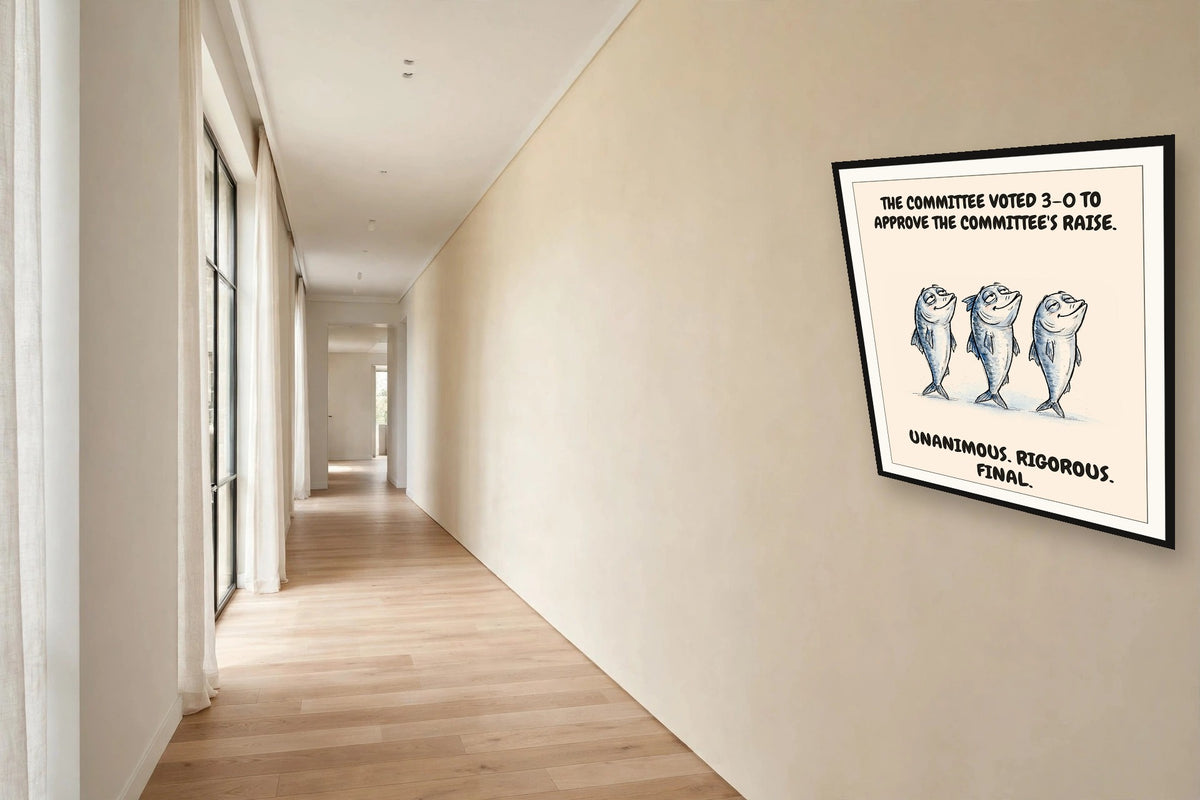 The same print shown hanging in an office — frame for display only, not included