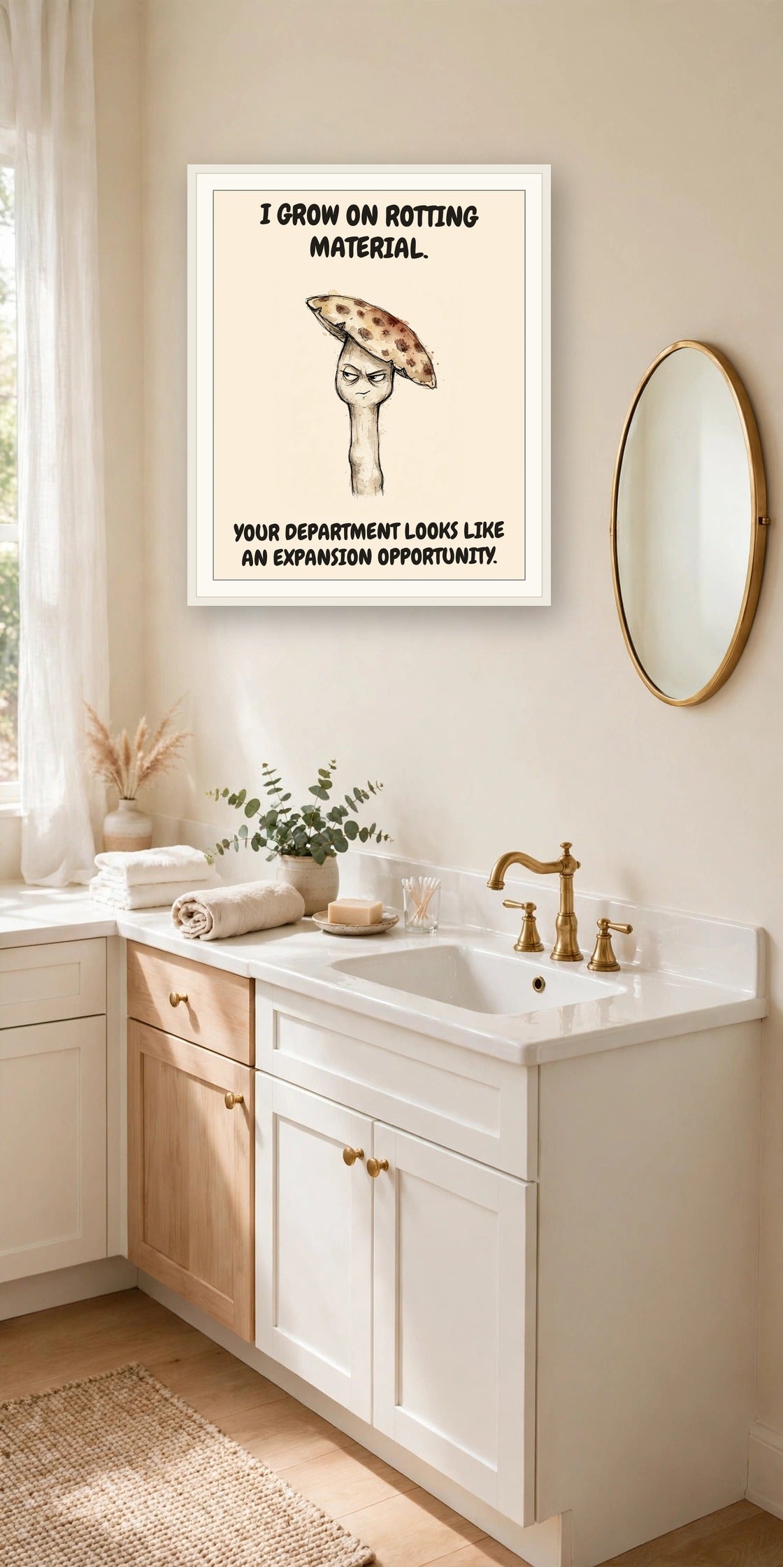 The same print shown hanging in an office — frame for display only, not included