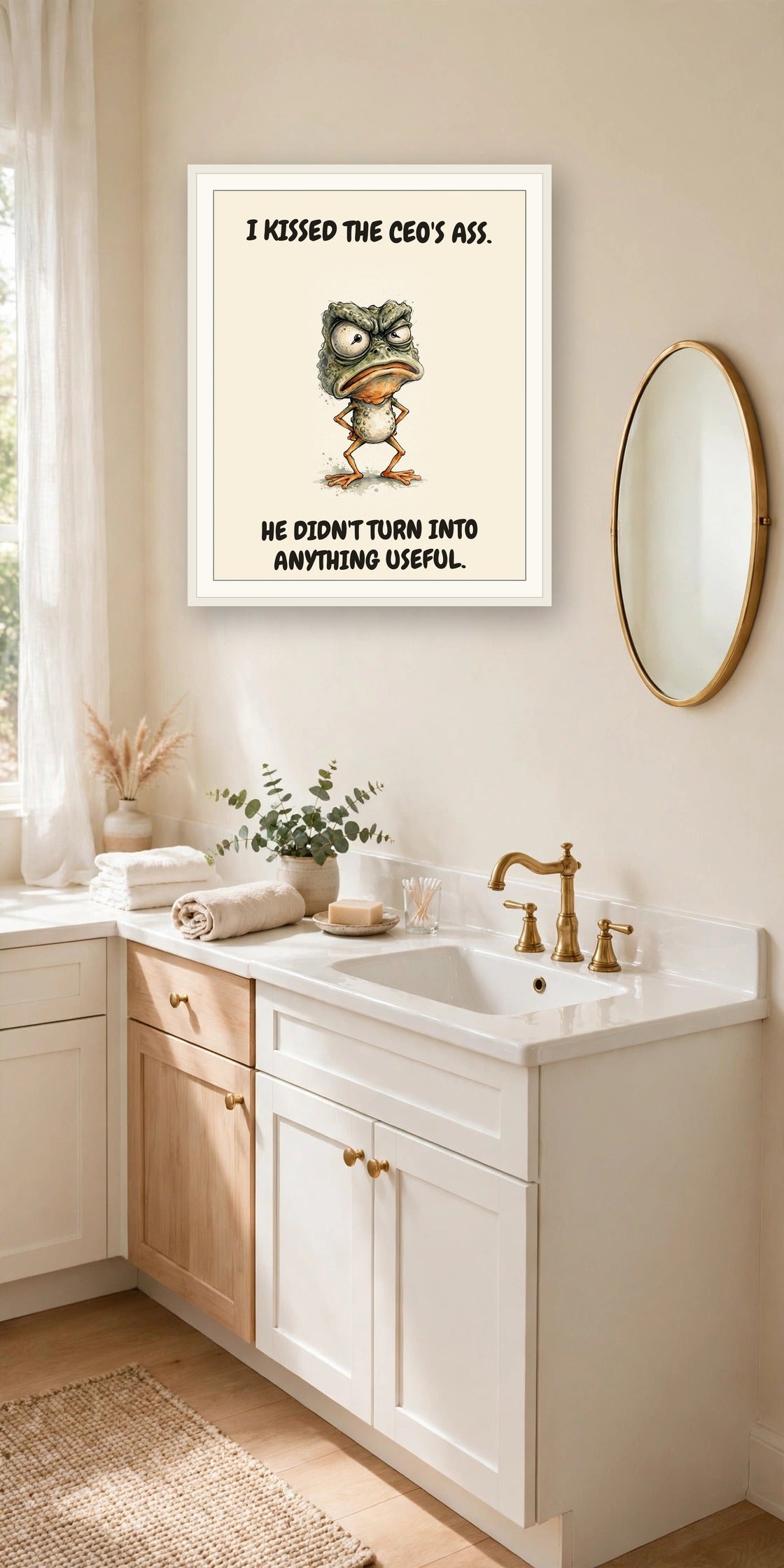 The same print shown hanging in an office — frame for display only, not included