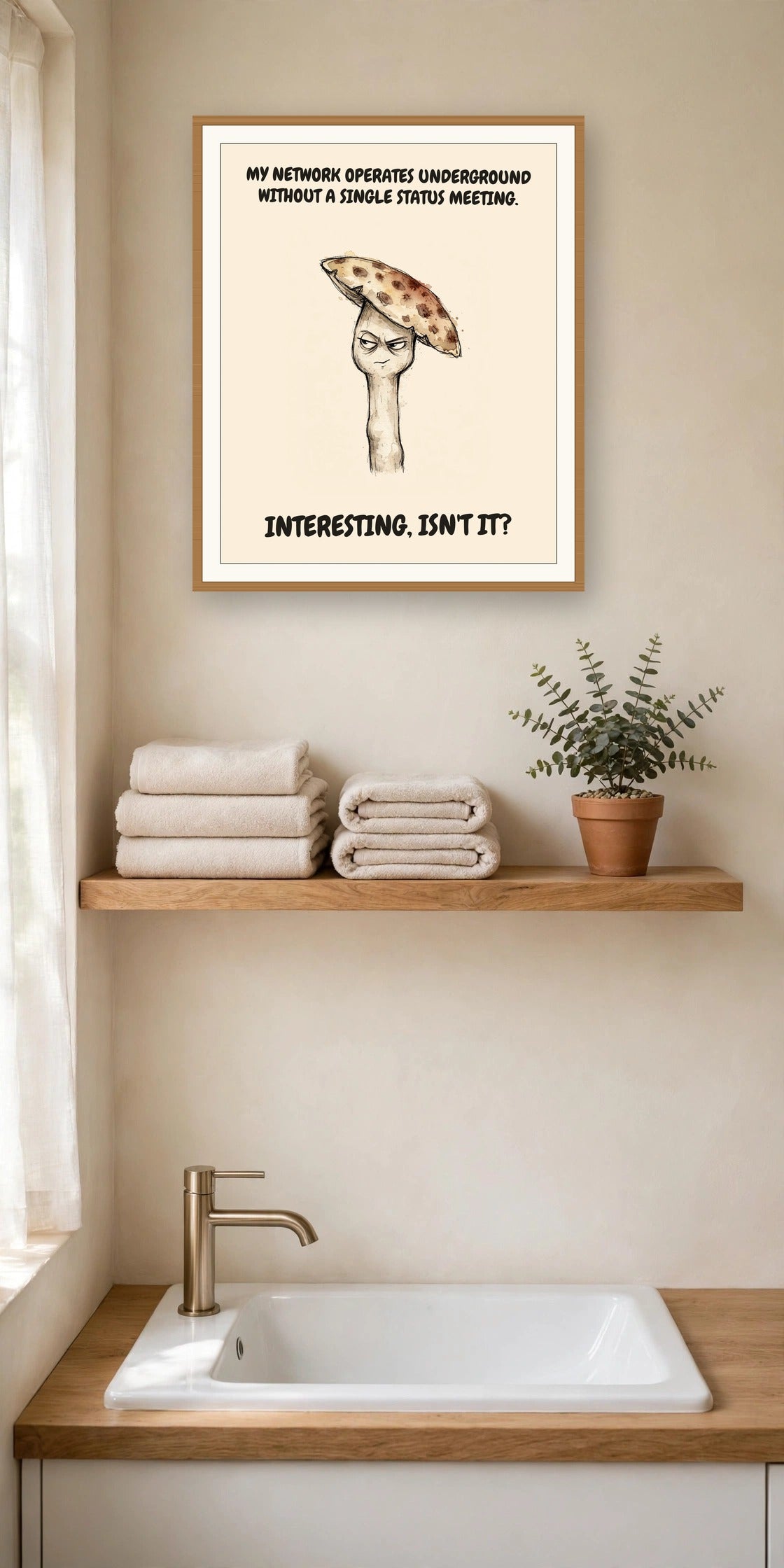 The same print shown hanging in an office — frame for display only, not included