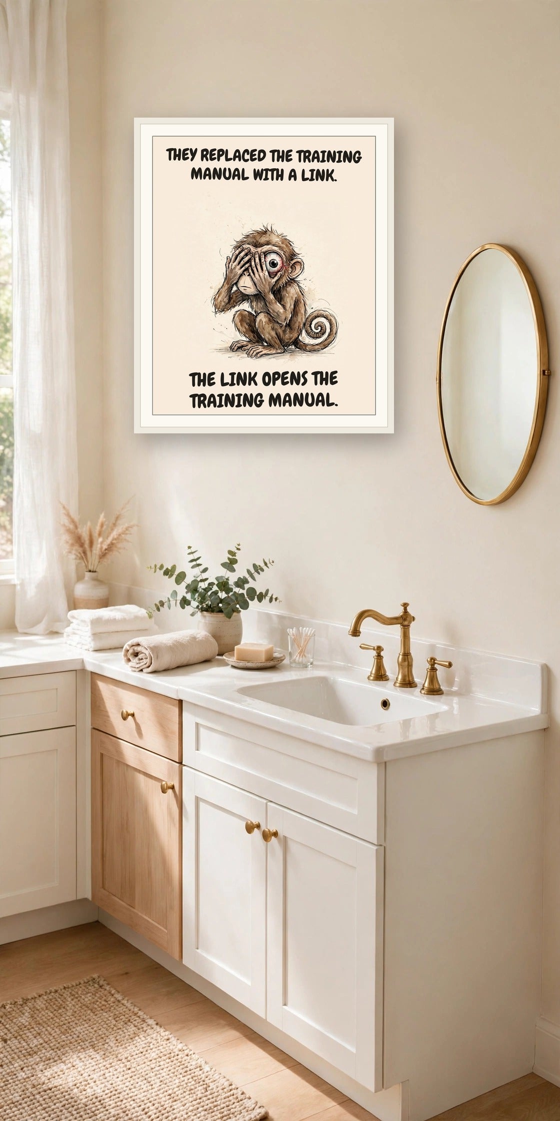 The same print shown hanging in an office — frame for display only, not included