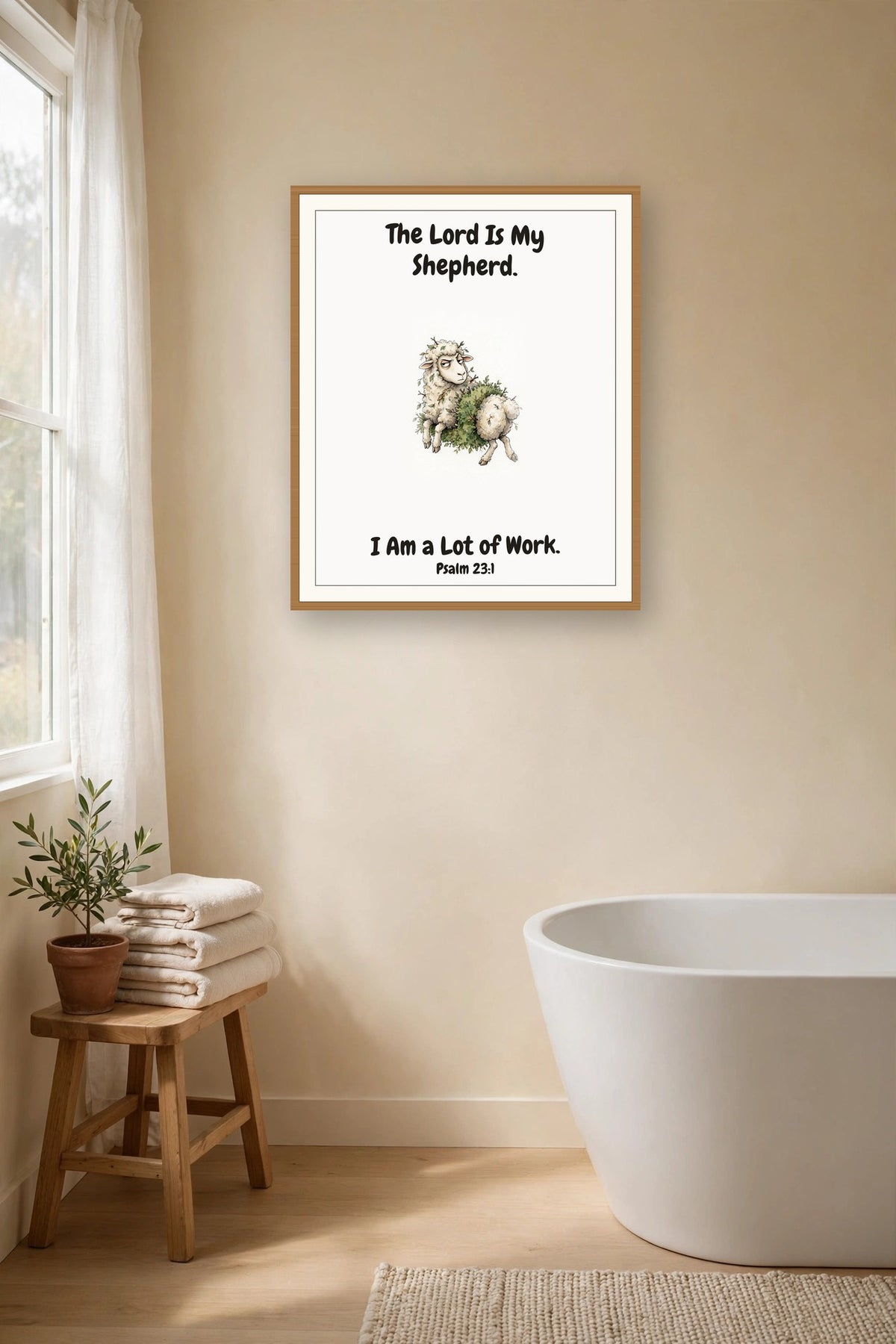 The same print shown hanging on a wall — frame for display only, not included