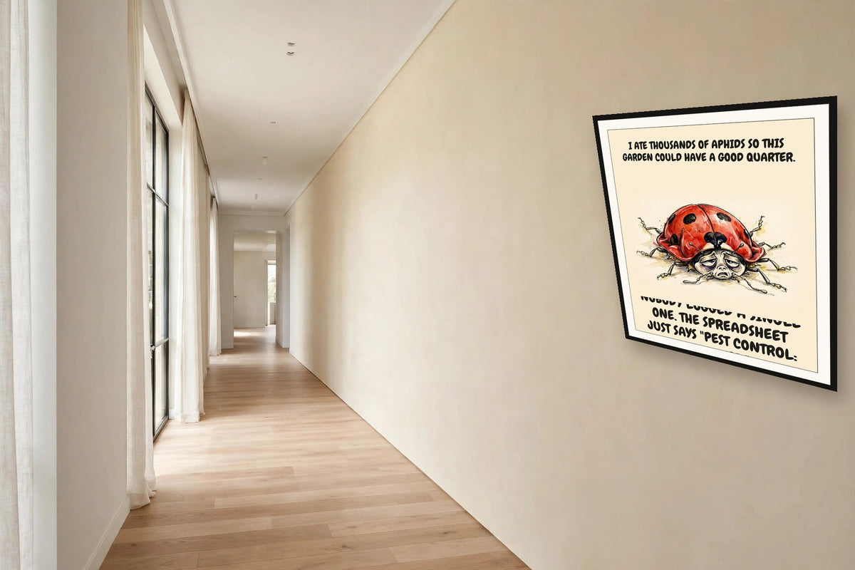 The same print shown hanging in an office — frame for display only, not included