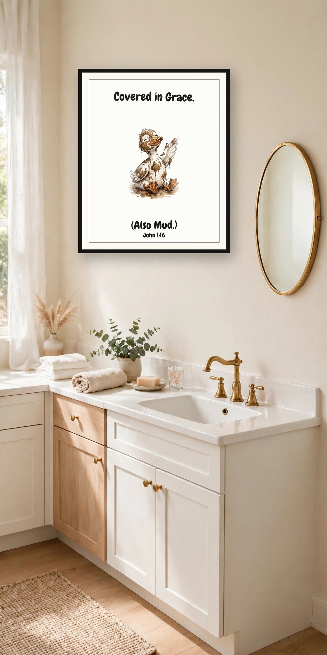 The same print shown hanging on a wall — frame for display only, not included
