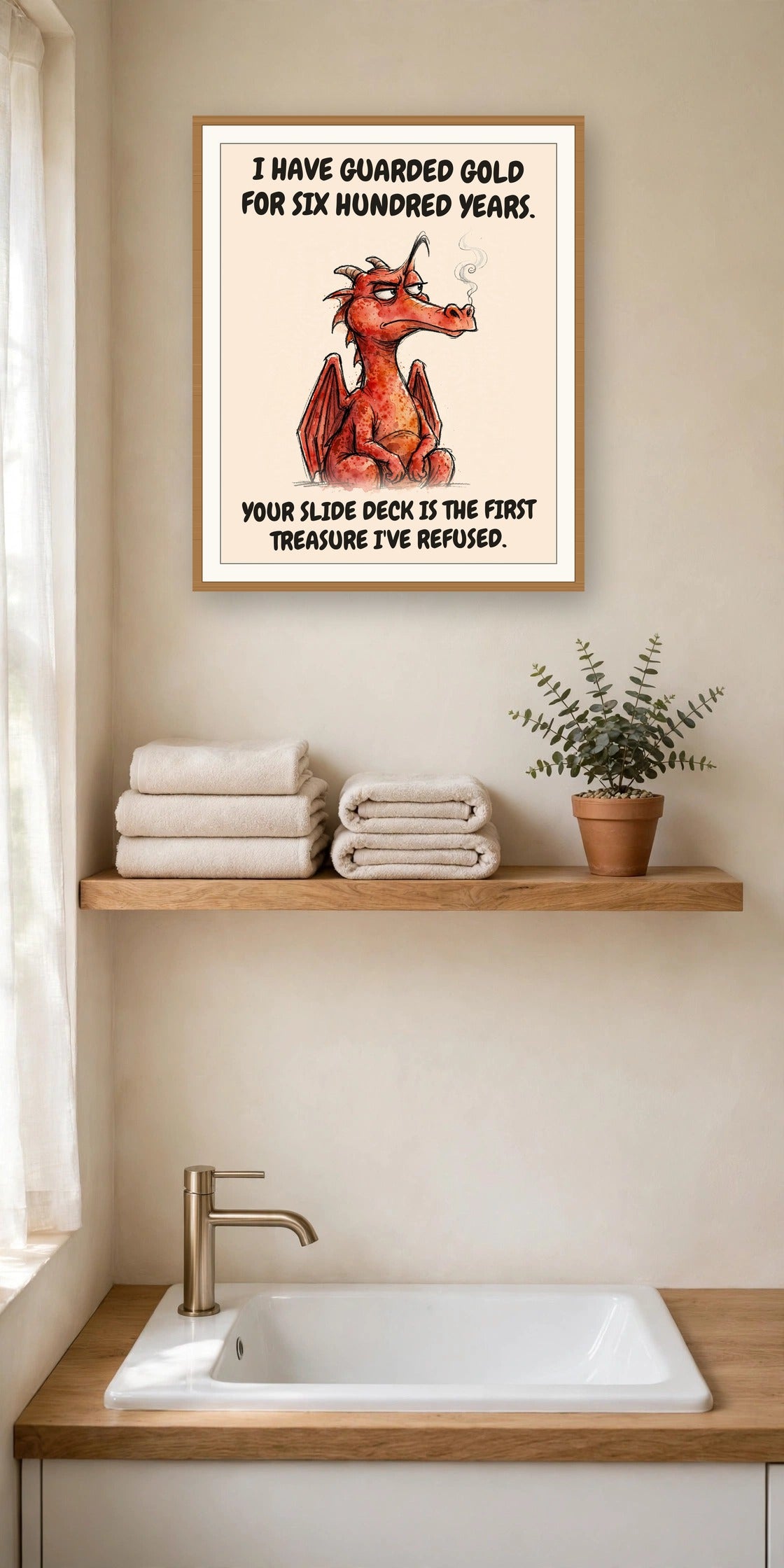 The same print shown hanging in an office — frame for display only, not included