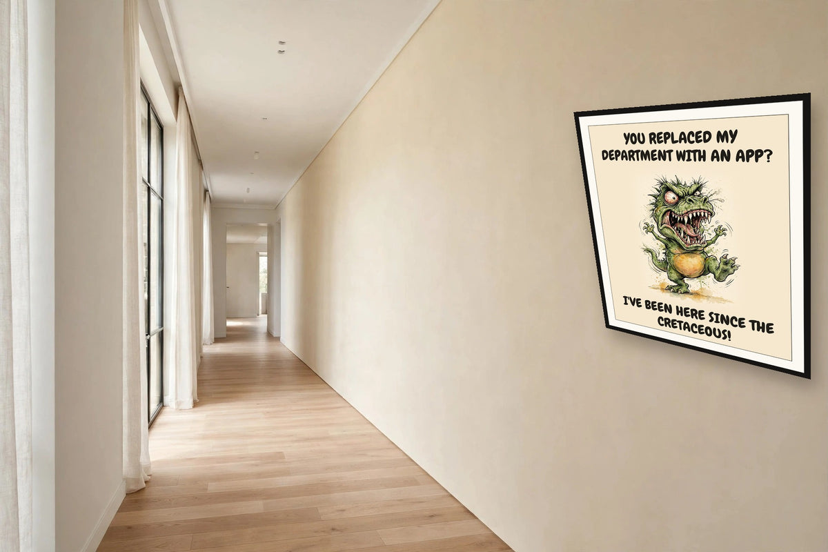 The same print shown hanging in an office — frame for display only, not included