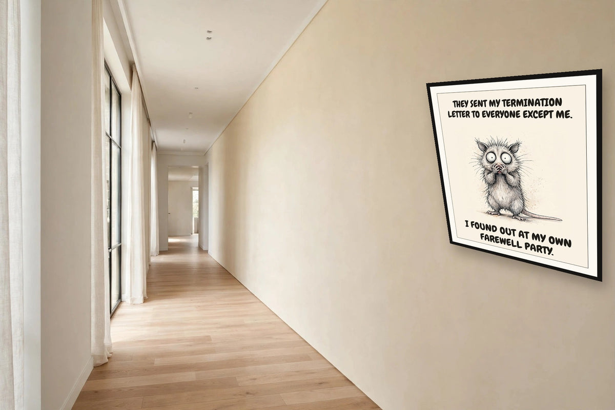 The same print shown hanging in an office — frame for display only, not included